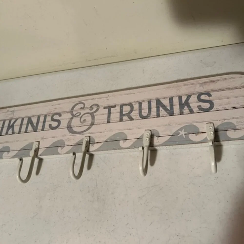 New BIKINIS & TRUNKS wood wall rack with metal hooks